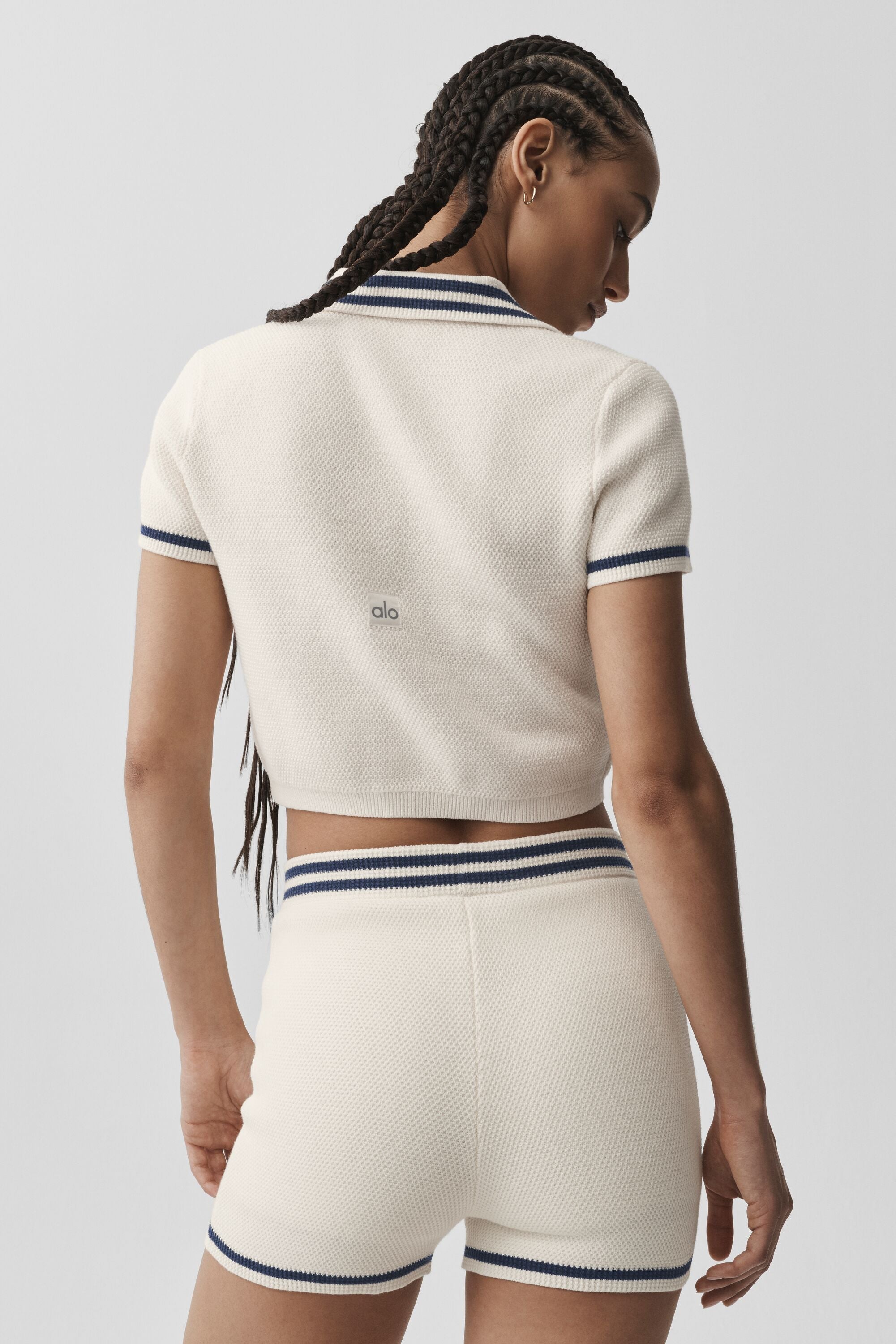 alo Tennis Club Sweater Knit Cropped Polo - Ivory/Navy