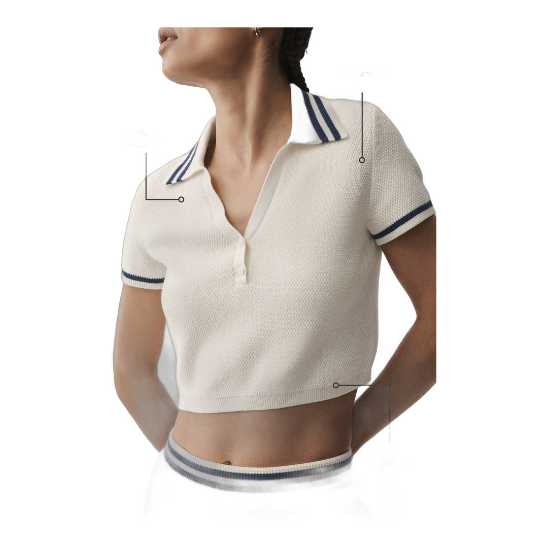 alo Tennis Club Sweater Knit Cropped Polo - Ivory/Navy