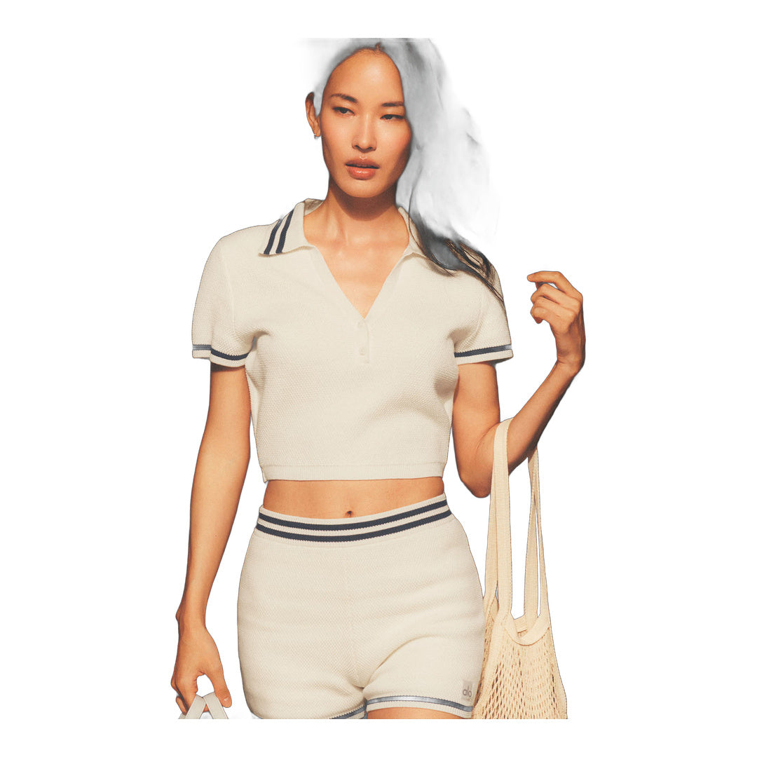 alo Tennis Club Sweater Knit Cropped Polo - Ivory/Navy