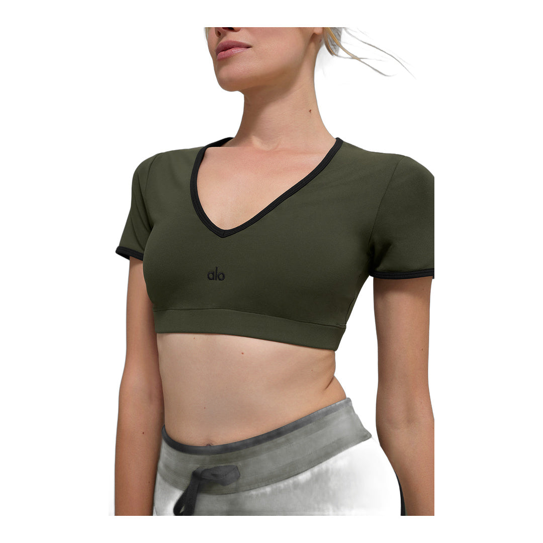alo Airbrush Race Pace Short Sleeve - Green Olive/Black
