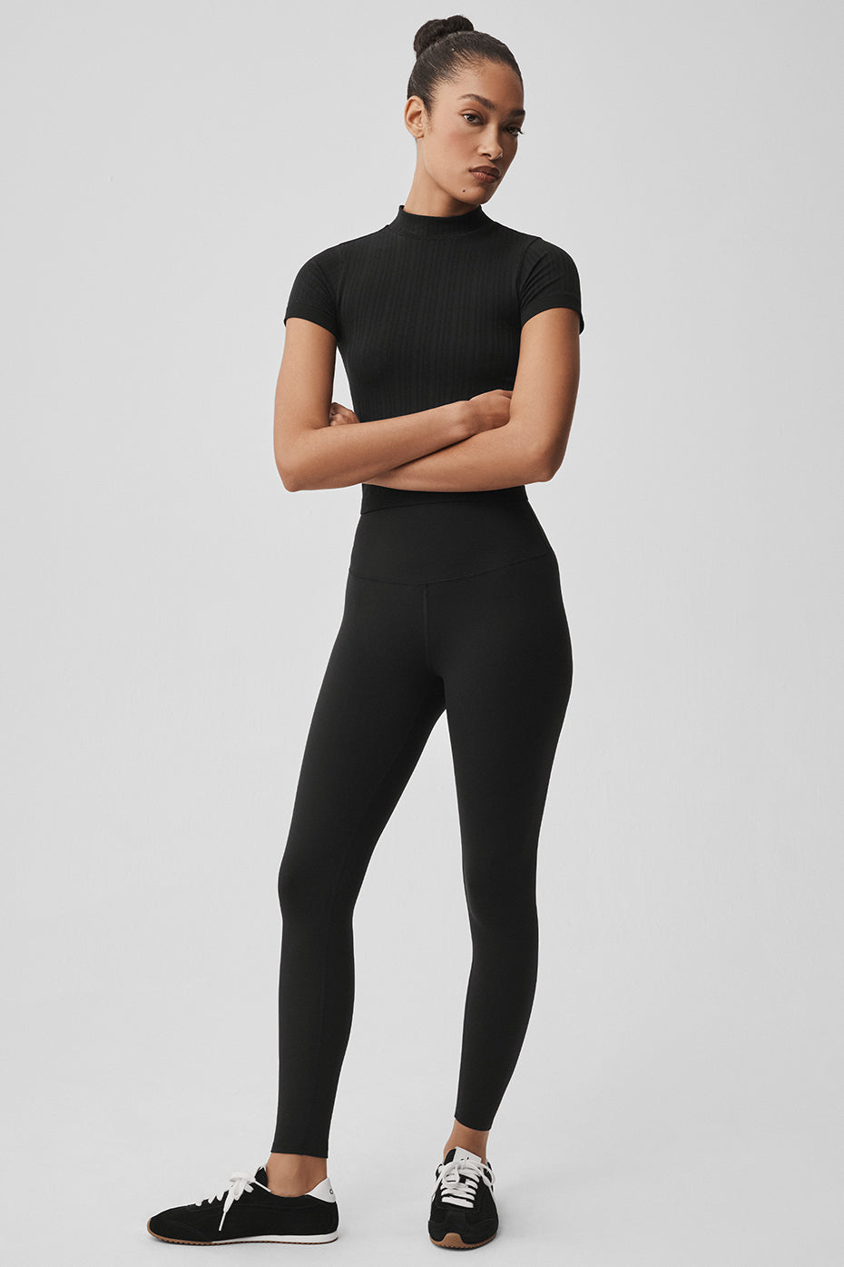 alo Seamless Pointelle Mock Neck Short Sleeve - Black
