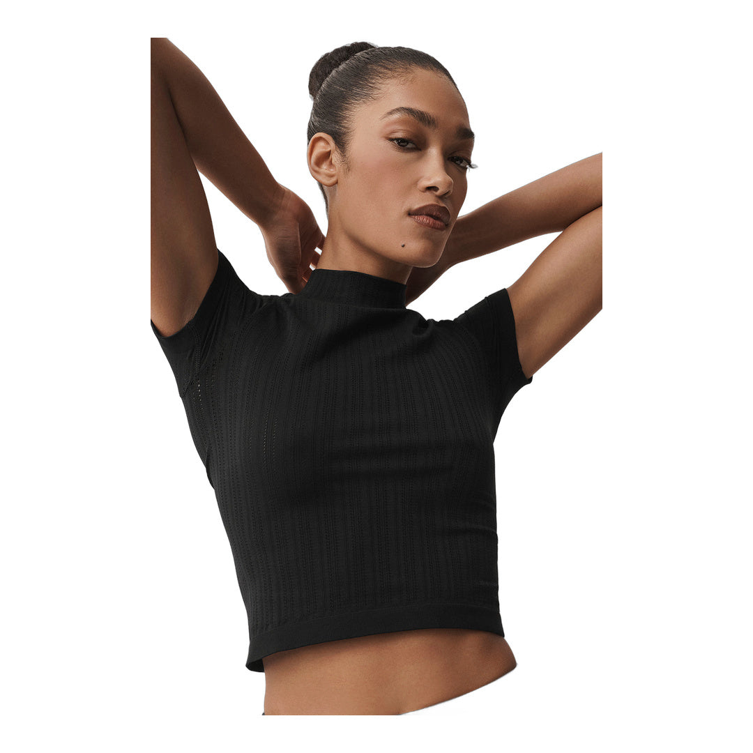 alo Seamless Pointelle Mock Neck Short Sleeve - Black