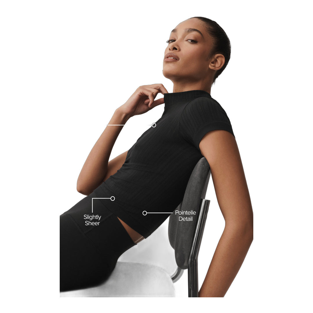 alo Seamless Pointelle Mock Neck Short Sleeve - Black
