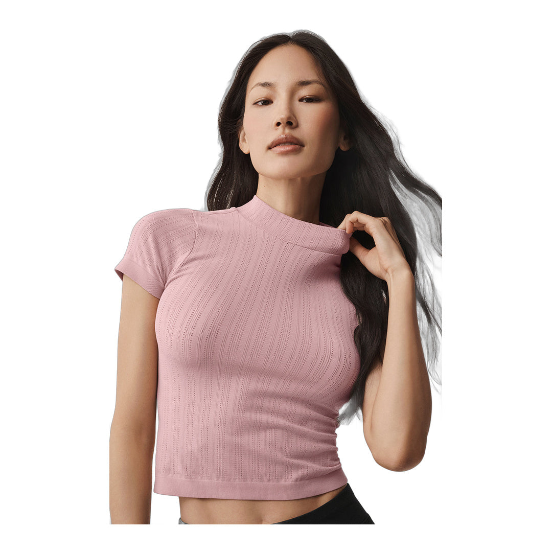 alo Seamless Pointelle Mock Neck Short Sleeve - Vintage Pink
