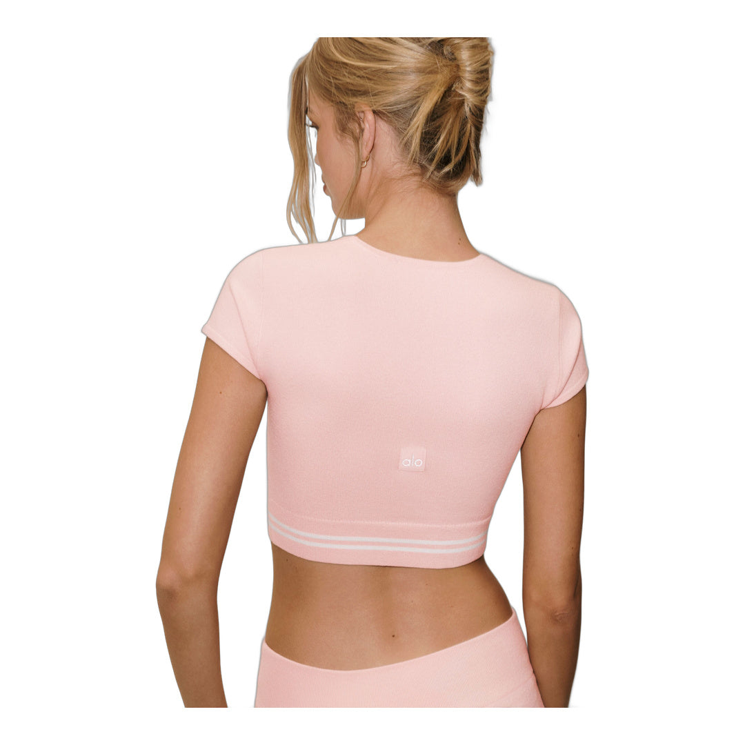 alo Cotton Cashmere My Serve Short Sleeve - Sundrenched Pink/White