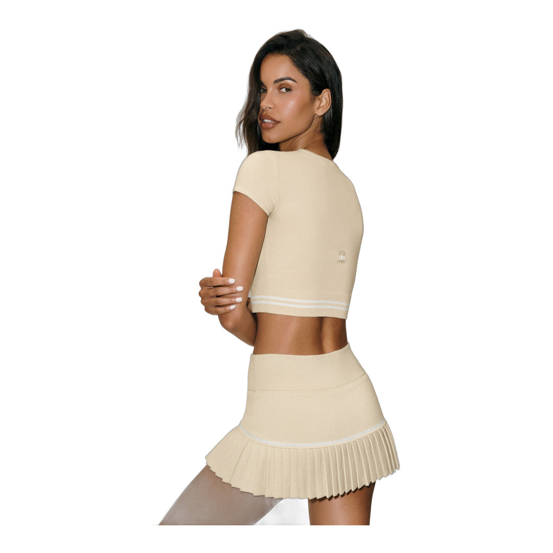 alo Cotton Cashmere My Serve Short Sleeve - Sandy Beige/White