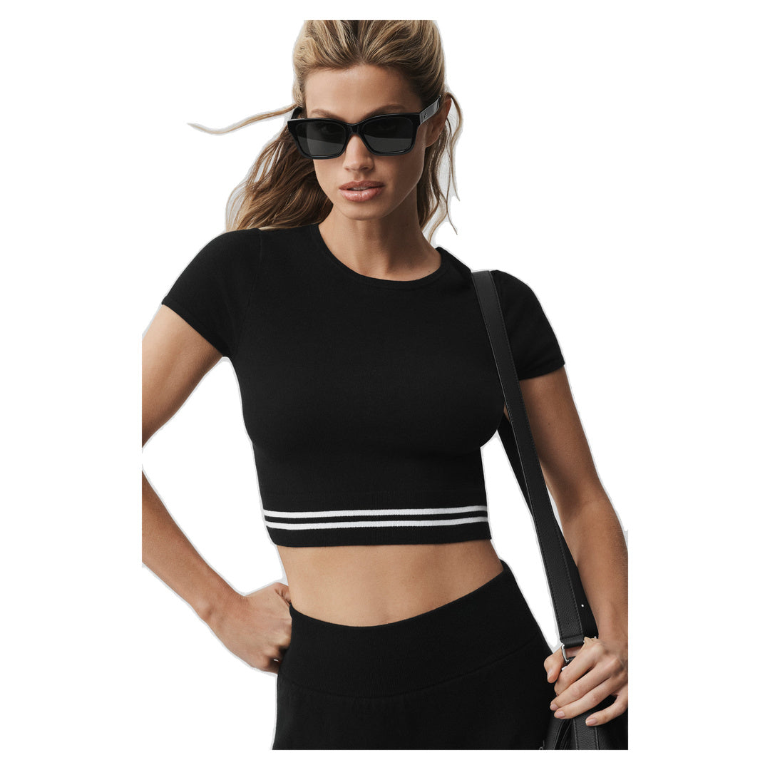 ALO Scholar Knit My Serve Short Sleeve - Black/White