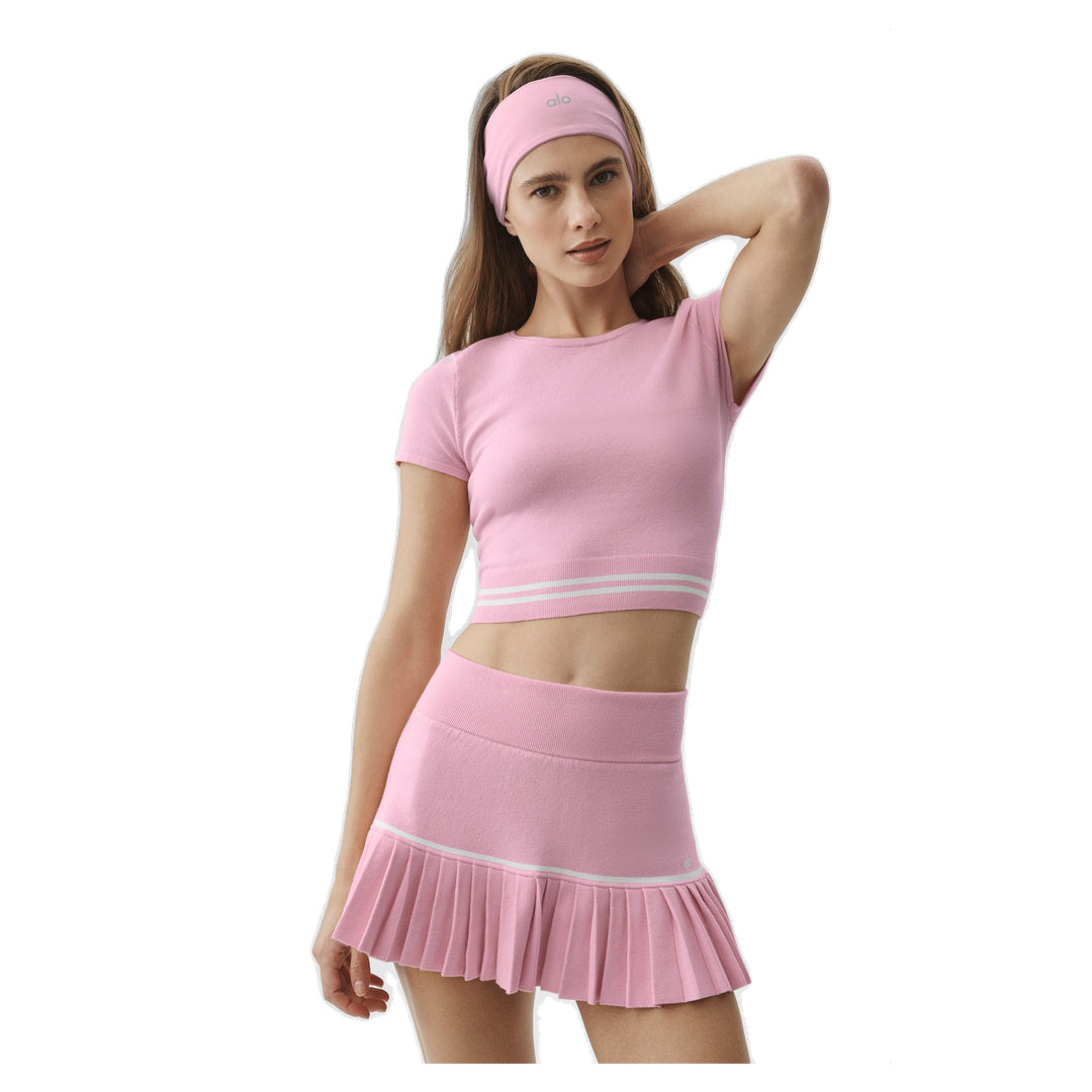 ALO Scholar Knit My Serve Short Sleeve - Pink Marshmallow/White
