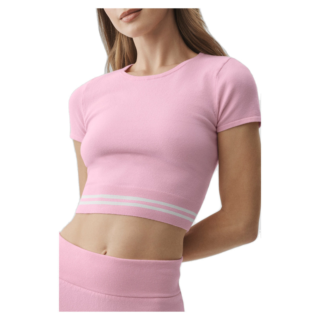 ALO Scholar Knit My Serve Short Sleeve - Pink Marshmallow/White