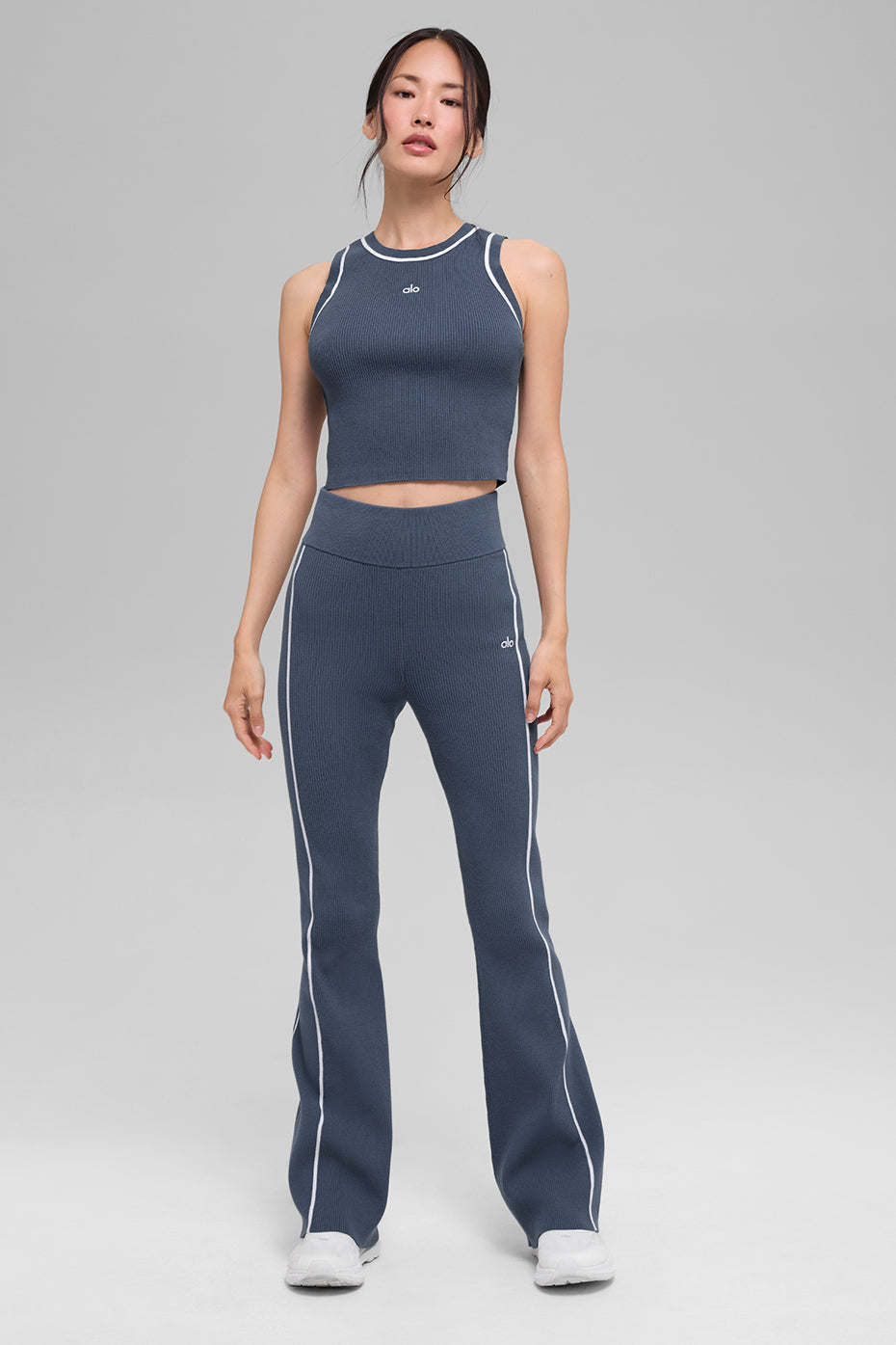 alo Ribbed Sweater Knit Highline Cropped Tank - Bluestone/White