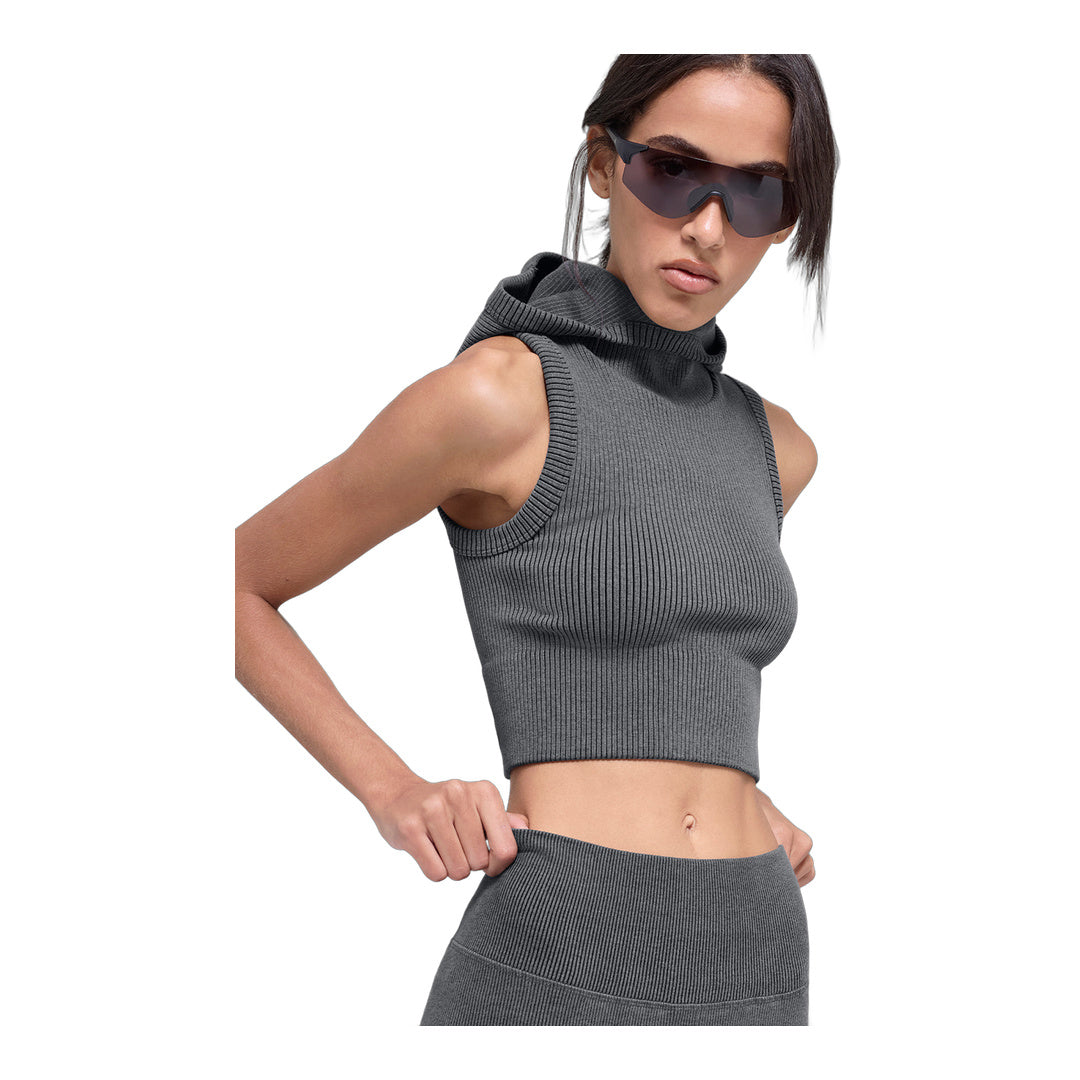 alo Seamless Two Tone Rib Hooded Vest - Dark Misty Grey Heather