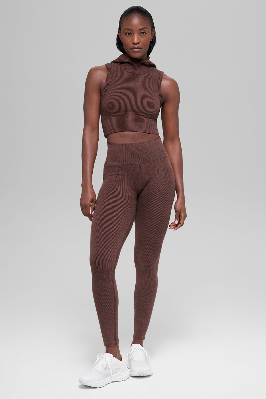 alo Seamless Two Tone Rib Hooded Vest - Brownstone Heather
