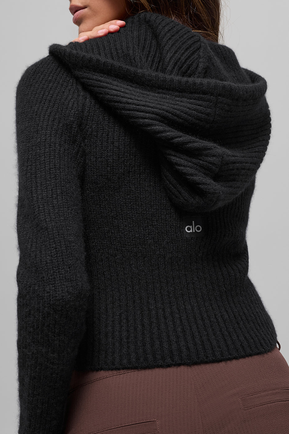alo Wool Cashmere Ribbed Noble Full Zip Hoodie - Black