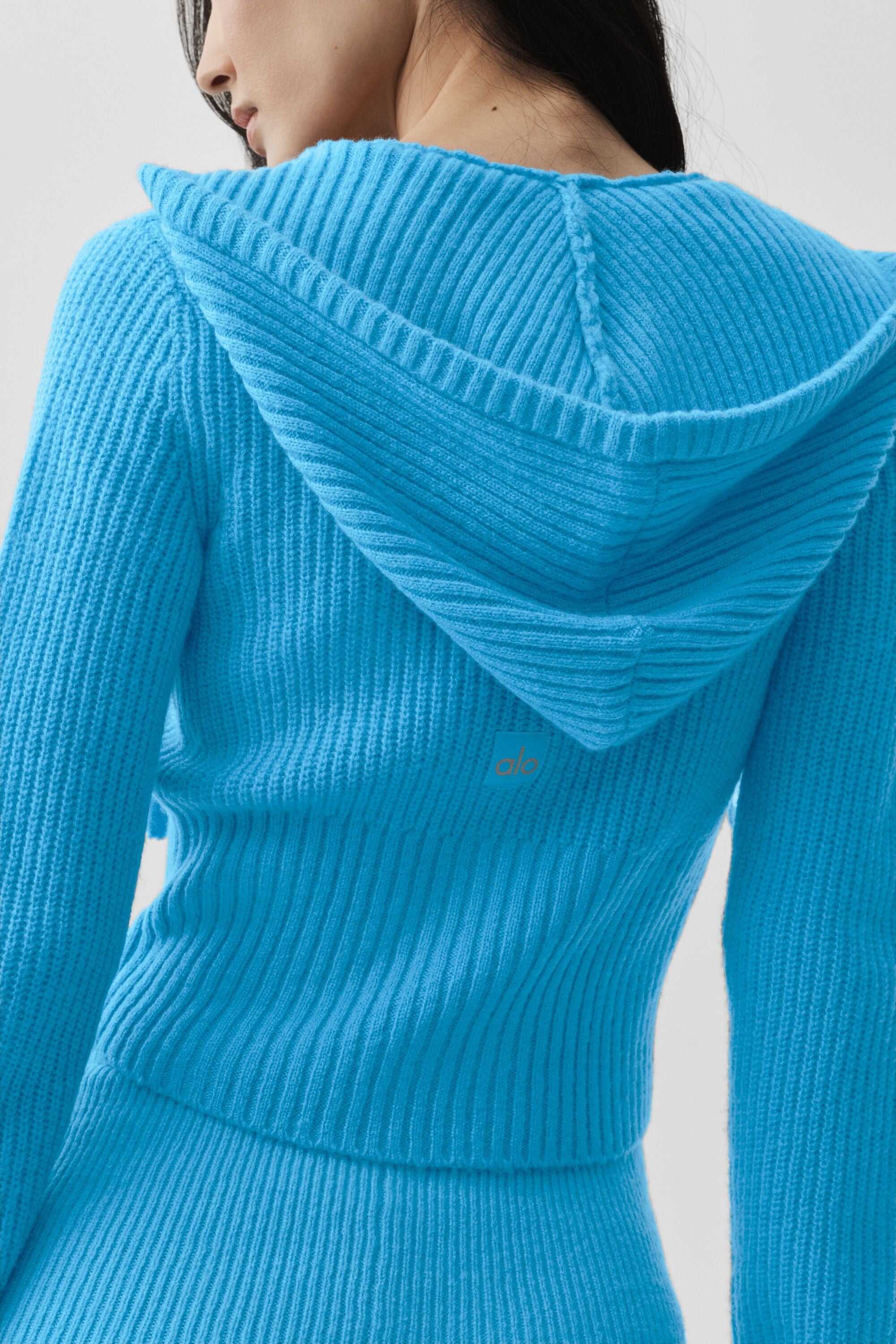 alo Wool Cashmere Ribbed Noble Full Zip Hoodie - Azure Blue