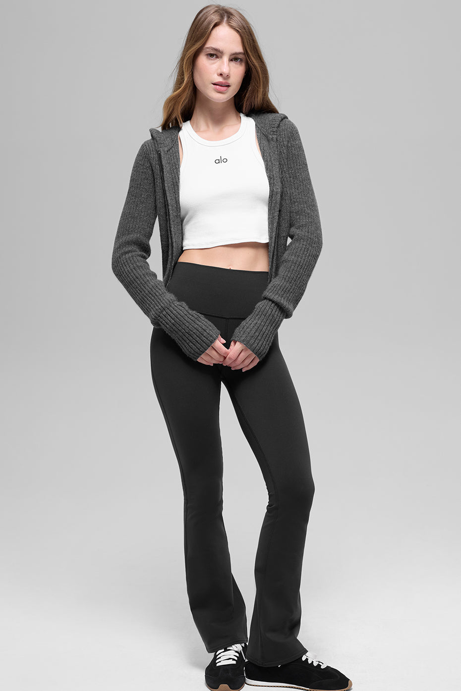 alo Wool Cashmere Ribbed Noble Full Zip Hoodie - Platinum Grey