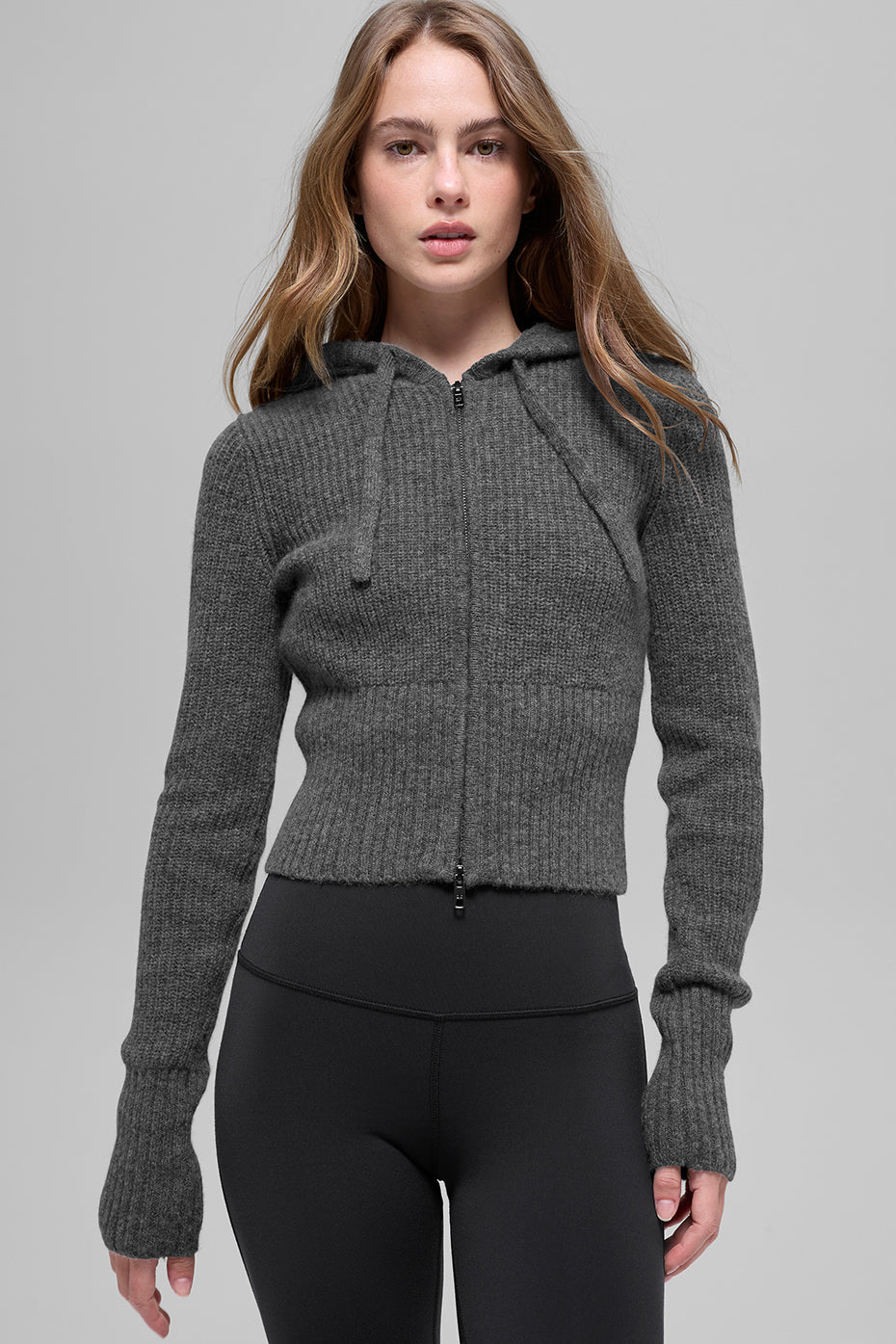 alo Wool Cashmere Ribbed Noble Full Zip Hoodie - Platinum Grey