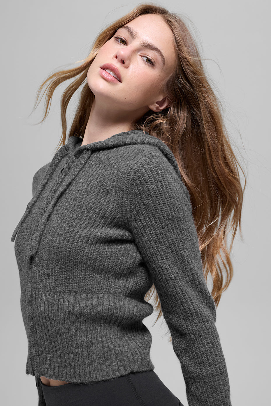 alo Wool Cashmere Ribbed Noble Full Zip Hoodie - Platinum Grey