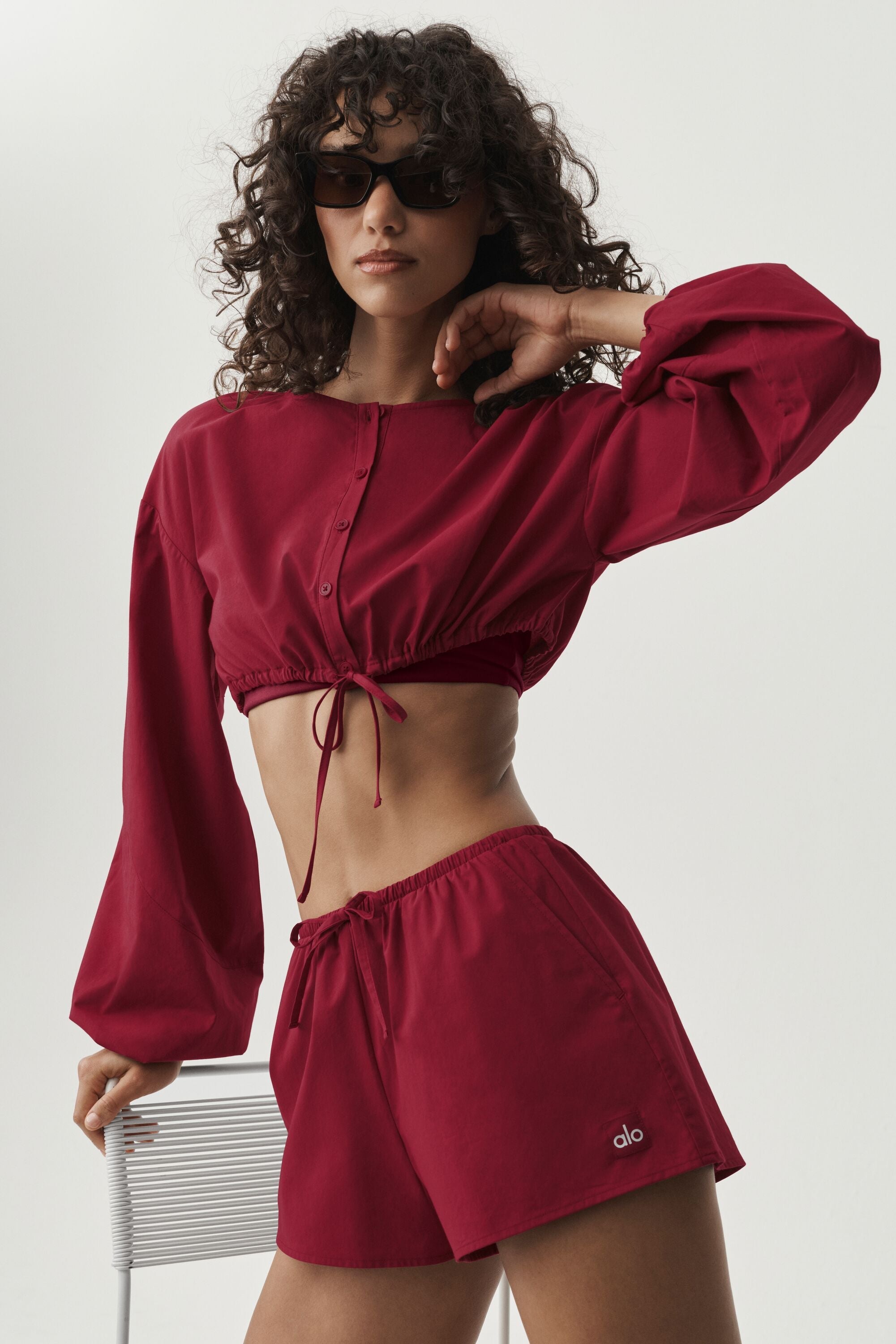 alo Cotton Cropped Real Deal Long Sleeve - Summer Romance Red