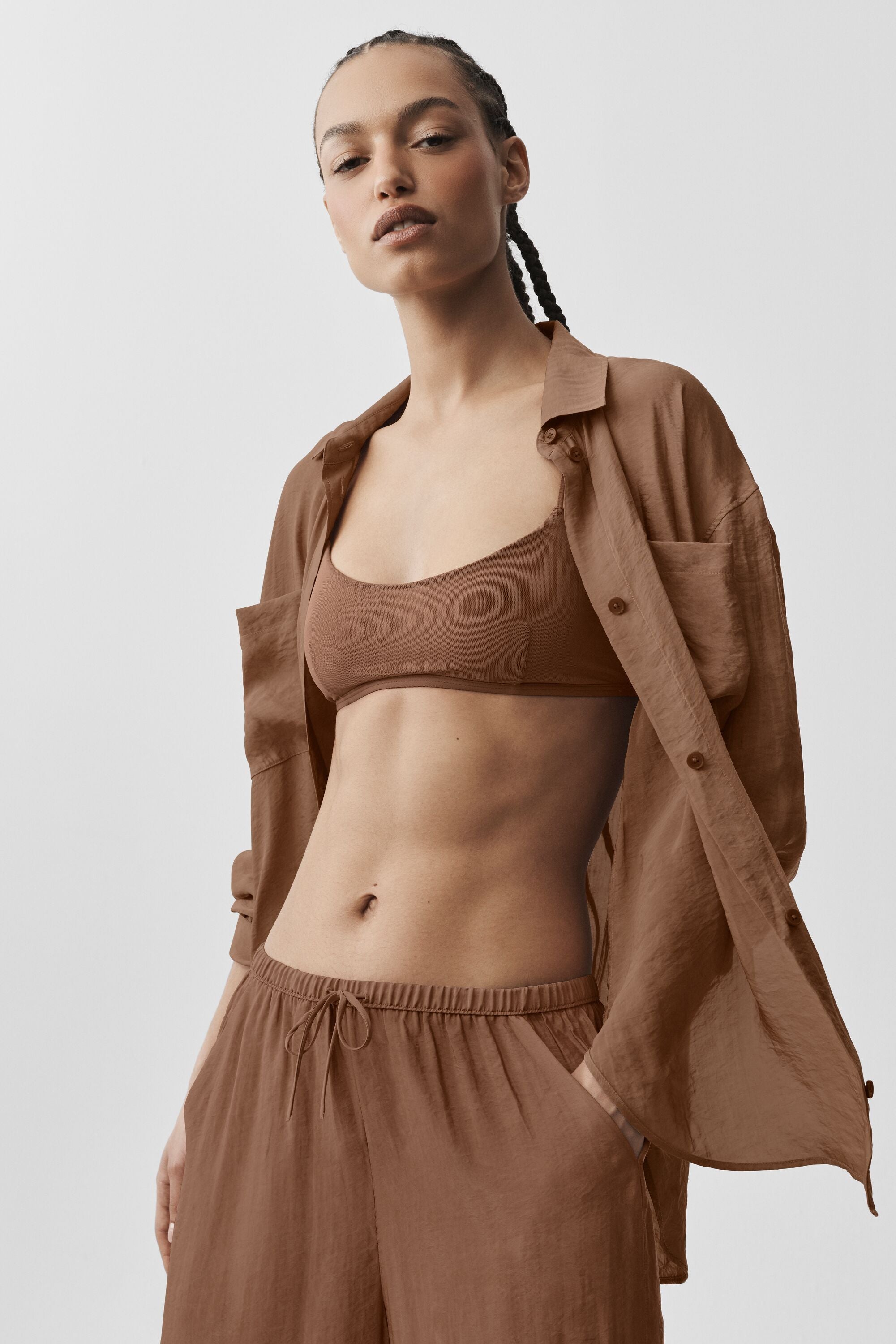 alo Semi-Sheer Golden Hour Button Down Long Sleeve - Sun Kissed Brown