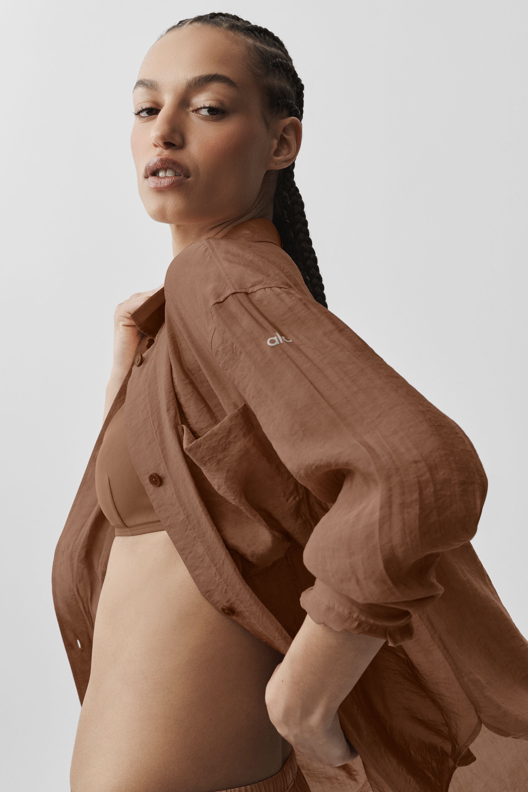 alo Semi-Sheer Golden Hour Button Down Long Sleeve - Sun Kissed Brown