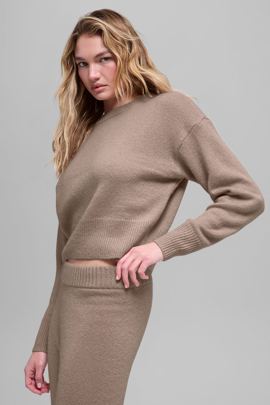 alo Wool Cashmere Cropped New Class Crewneck Sweater - Chai Latte