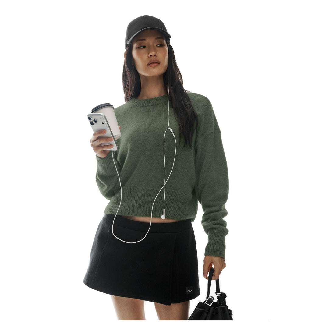 ALO Wool Cashmere Cropped New Class Crewneck Sweater - Bamboo Green