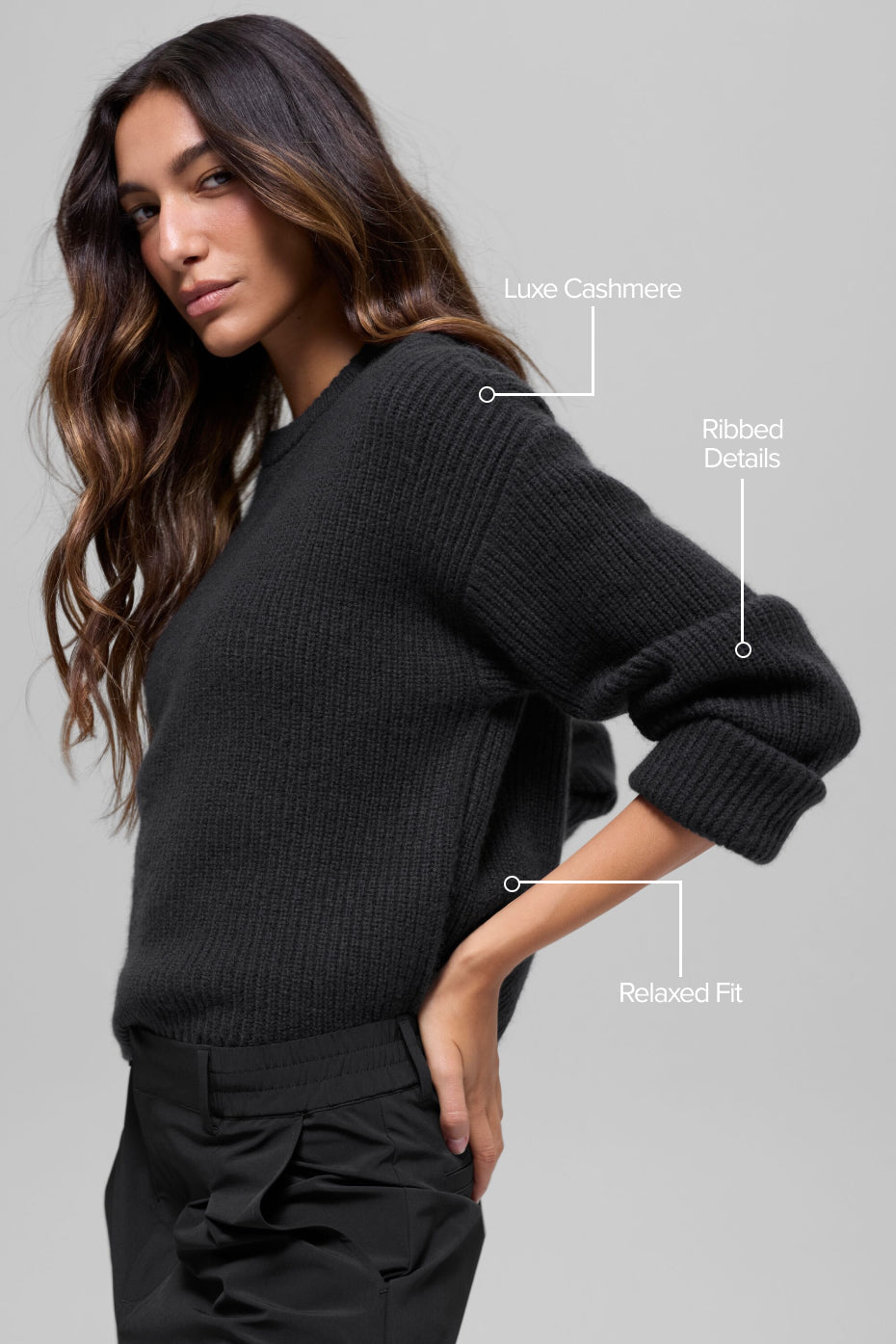 alo Wool Cashmere Ribbed Noble Crewneck Sweater - Black