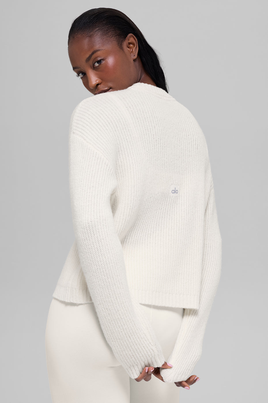 alo Wool Cashmere Ribbed Noble Crewneck Sweater - Ivory