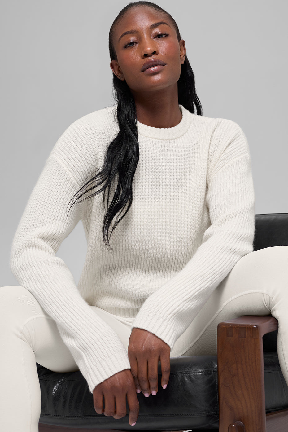 alo Wool Cashmere Ribbed Noble Crewneck Sweater - Ivory
