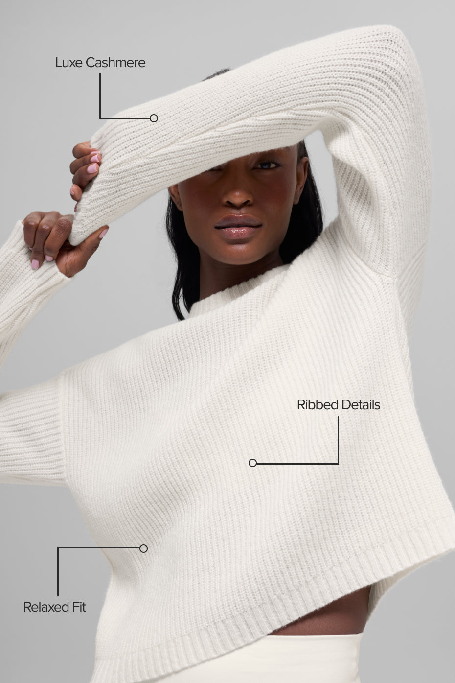alo Wool Cashmere Ribbed Noble Crewneck Sweater - Ivory