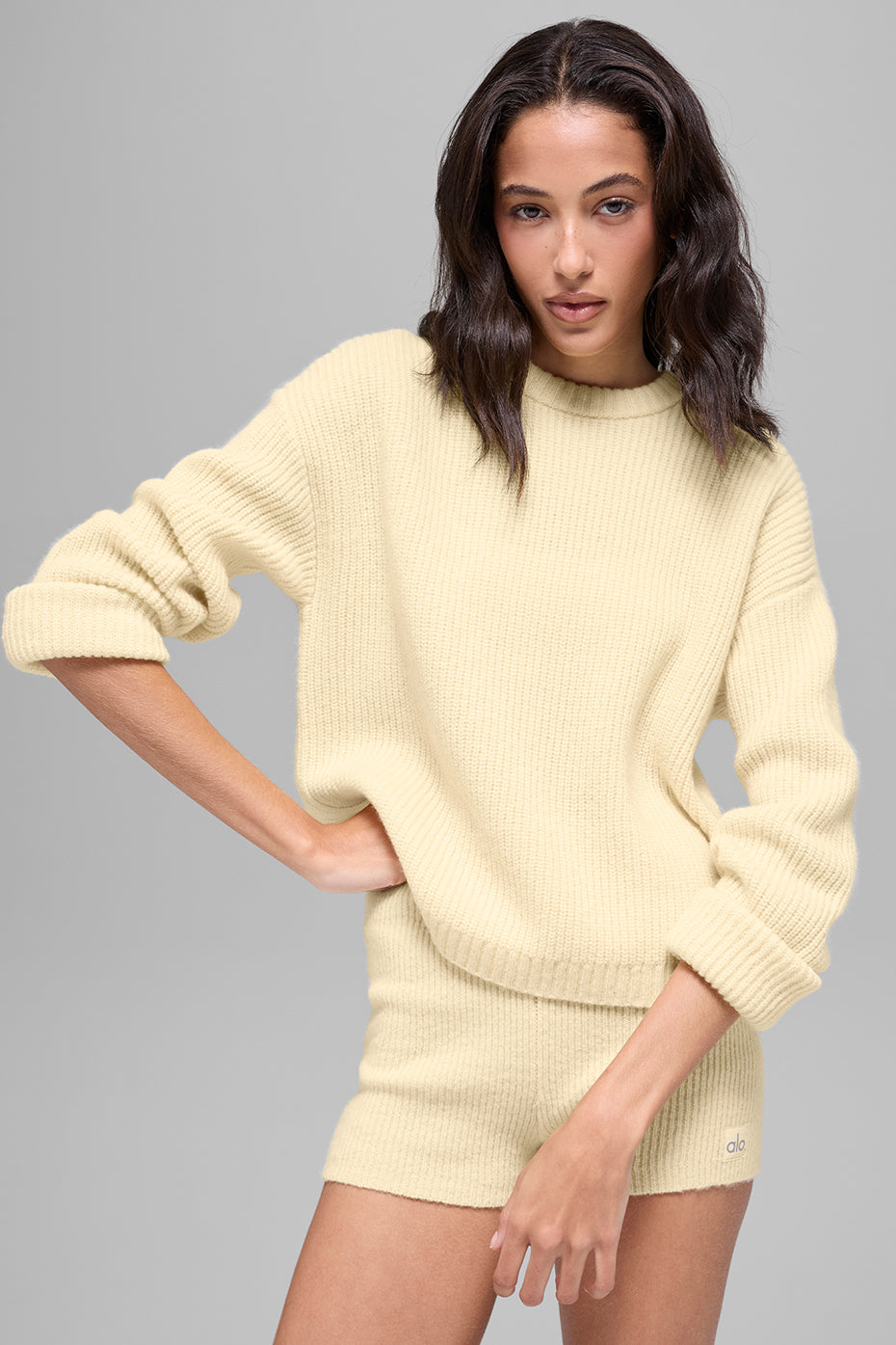 alo Wool Cashmere Ribbed Noble Crewneck Sweater - Candlelight Yellow
