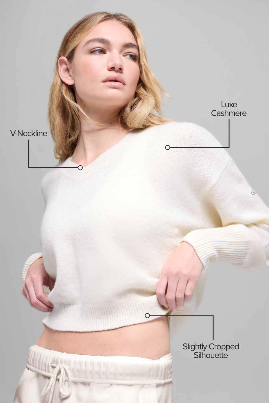 alo Wool Cashmere Cropped New Class V-Neck Sweater - Ivory