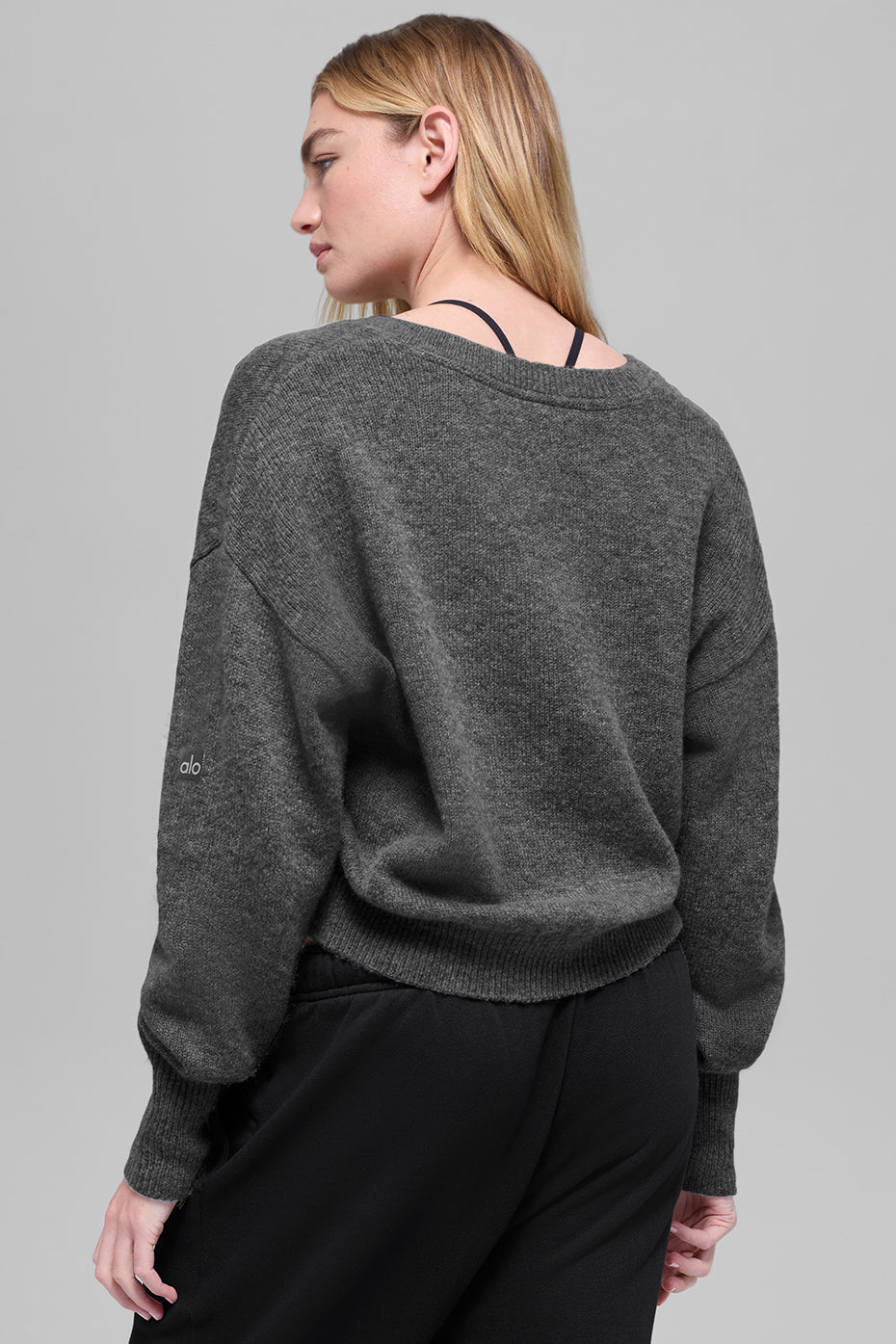 alo Wool Cashmere Cropped New Class V-Neck Sweater - Platinum Grey