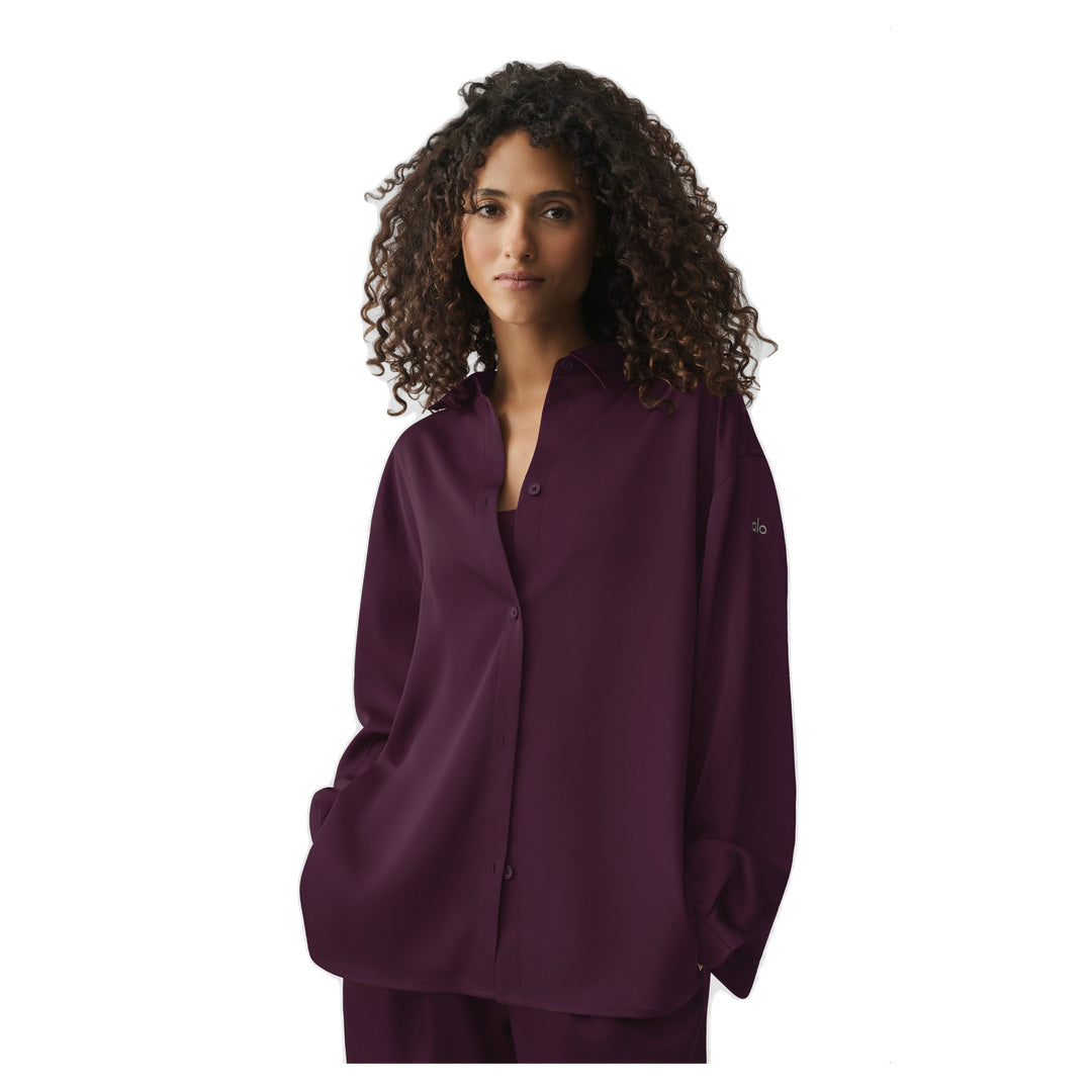 ALO Satin Smooth Talker Button Up - Rich Bordeaux