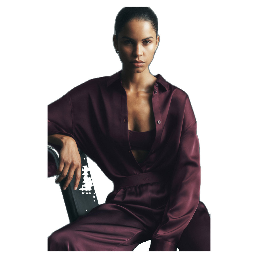 ALO Satin Smooth Talker Button Up - Rich Bordeaux