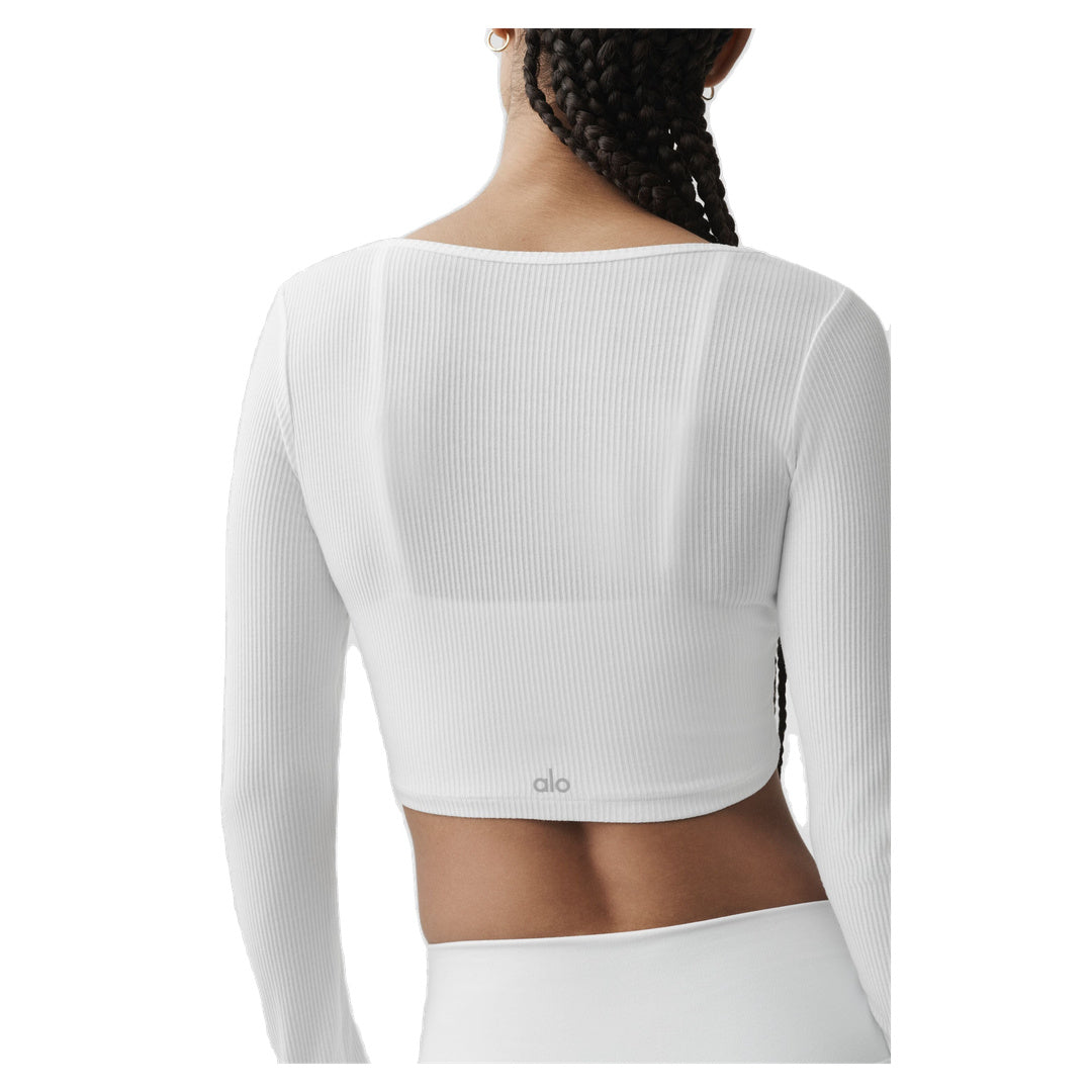 ALO Ribbed Cropped Whisper Cardigan - White