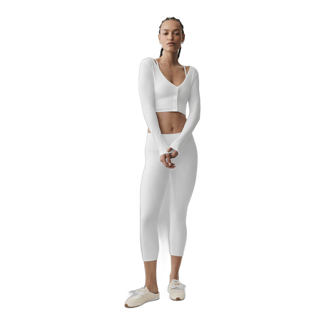 alo Ribbed Cropped Whisper Cardigan - White