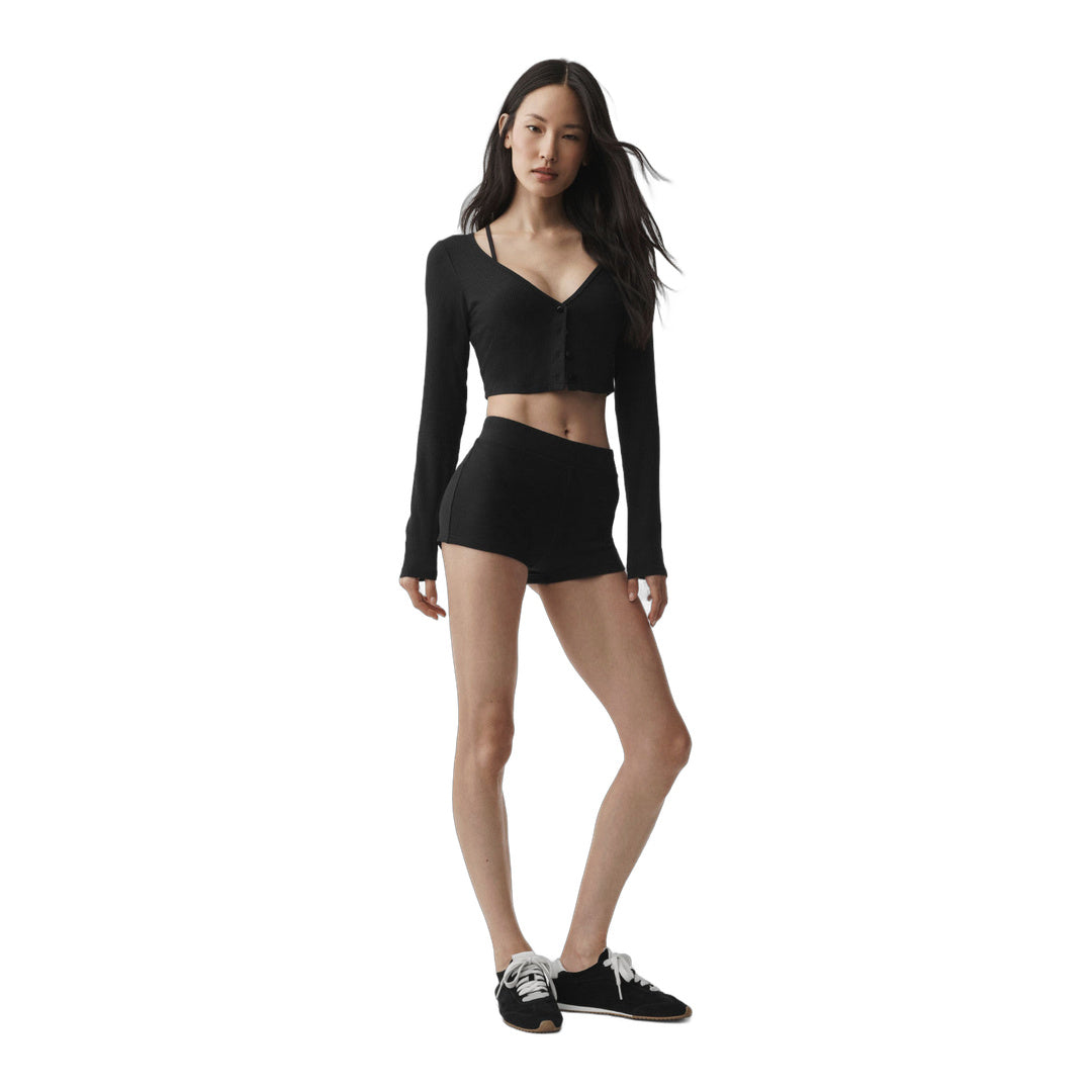 alo Ribbed Cropped Whisper Cardigan - Black