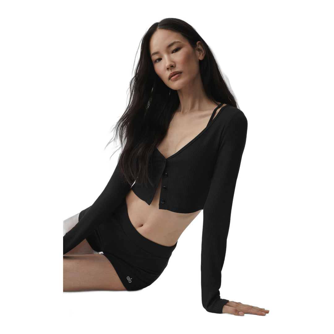 alo Ribbed Cropped Whisper Cardigan - Black