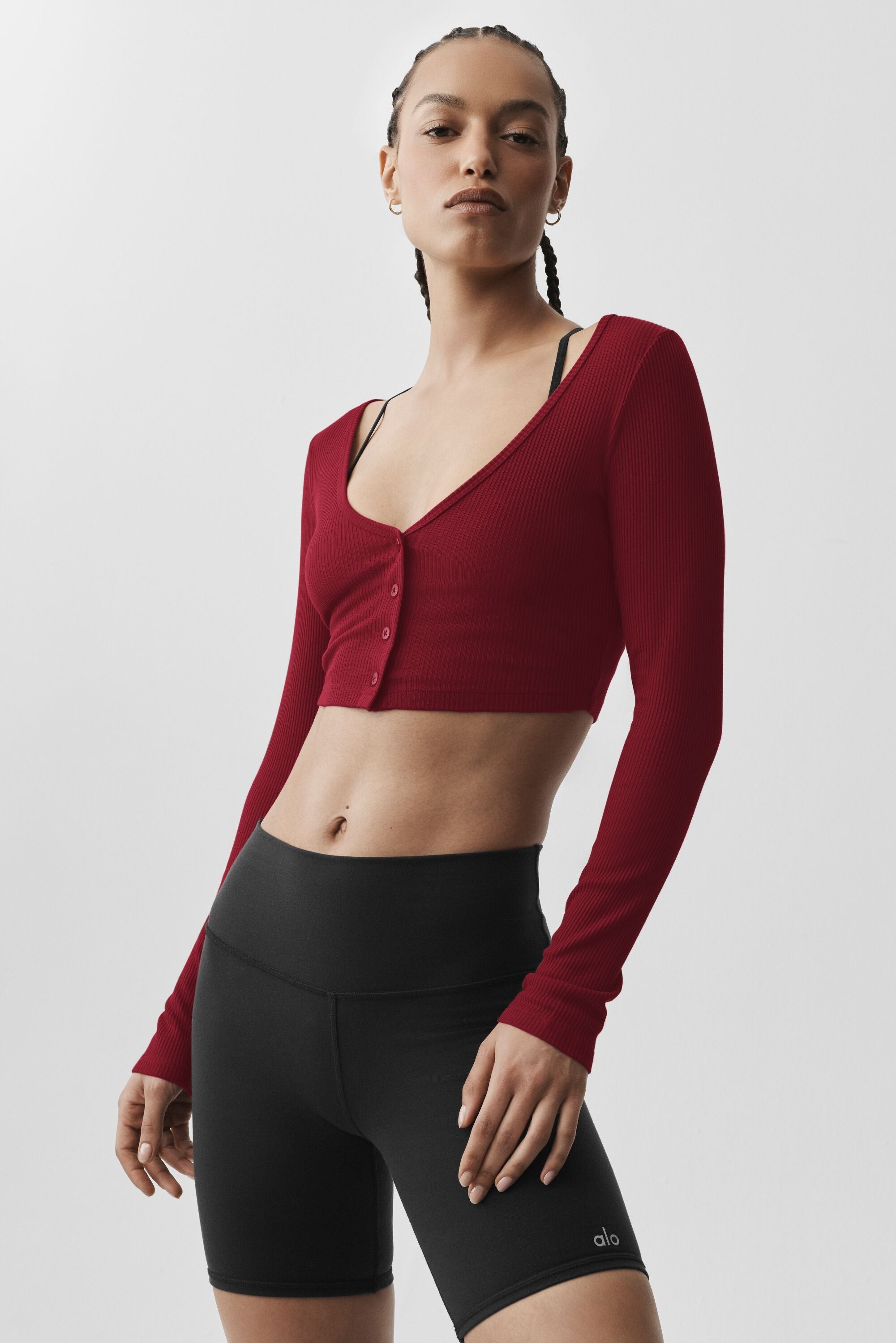 alo Ribbed Cropped Whisper Cardigan - Summer Romance Red