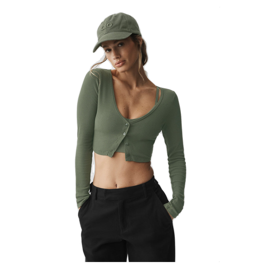 ALO Ribbed Cropped Whisper Cardigan - Bamboo Green
