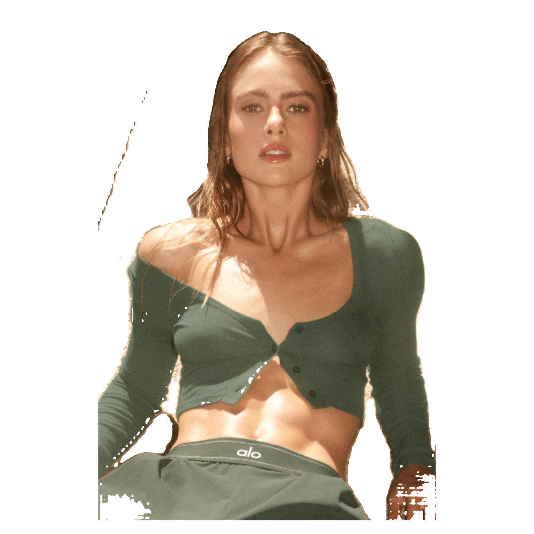 ALO Ribbed Cropped Whisper Cardigan - Bamboo Green