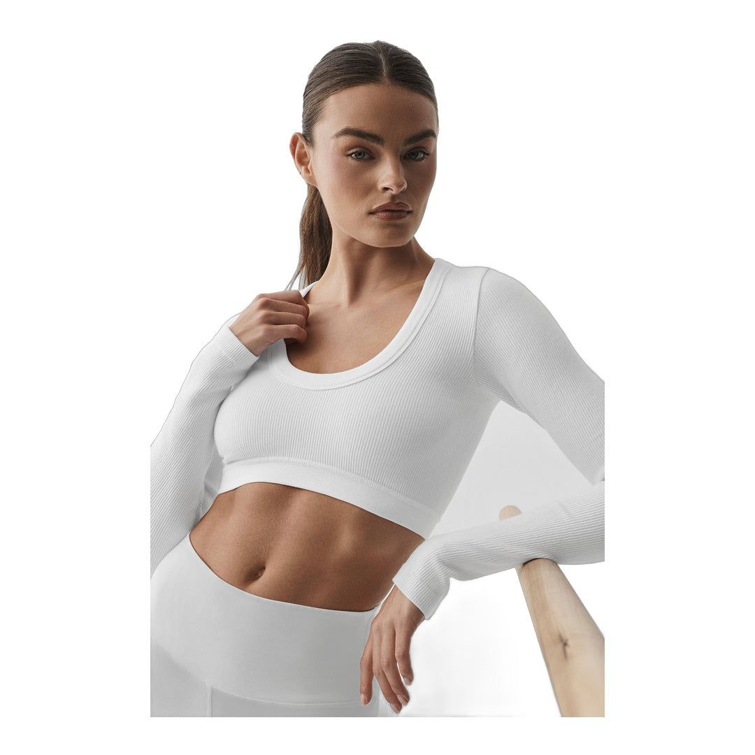 alo Seamless Ribbed Cropped Serene Long Sleeve - White