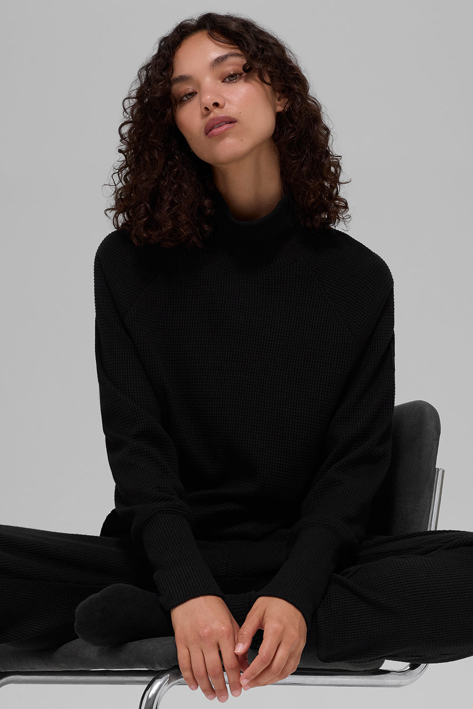 alo Waffle Weekend Escape Mock Neck Long Sleeve - Black