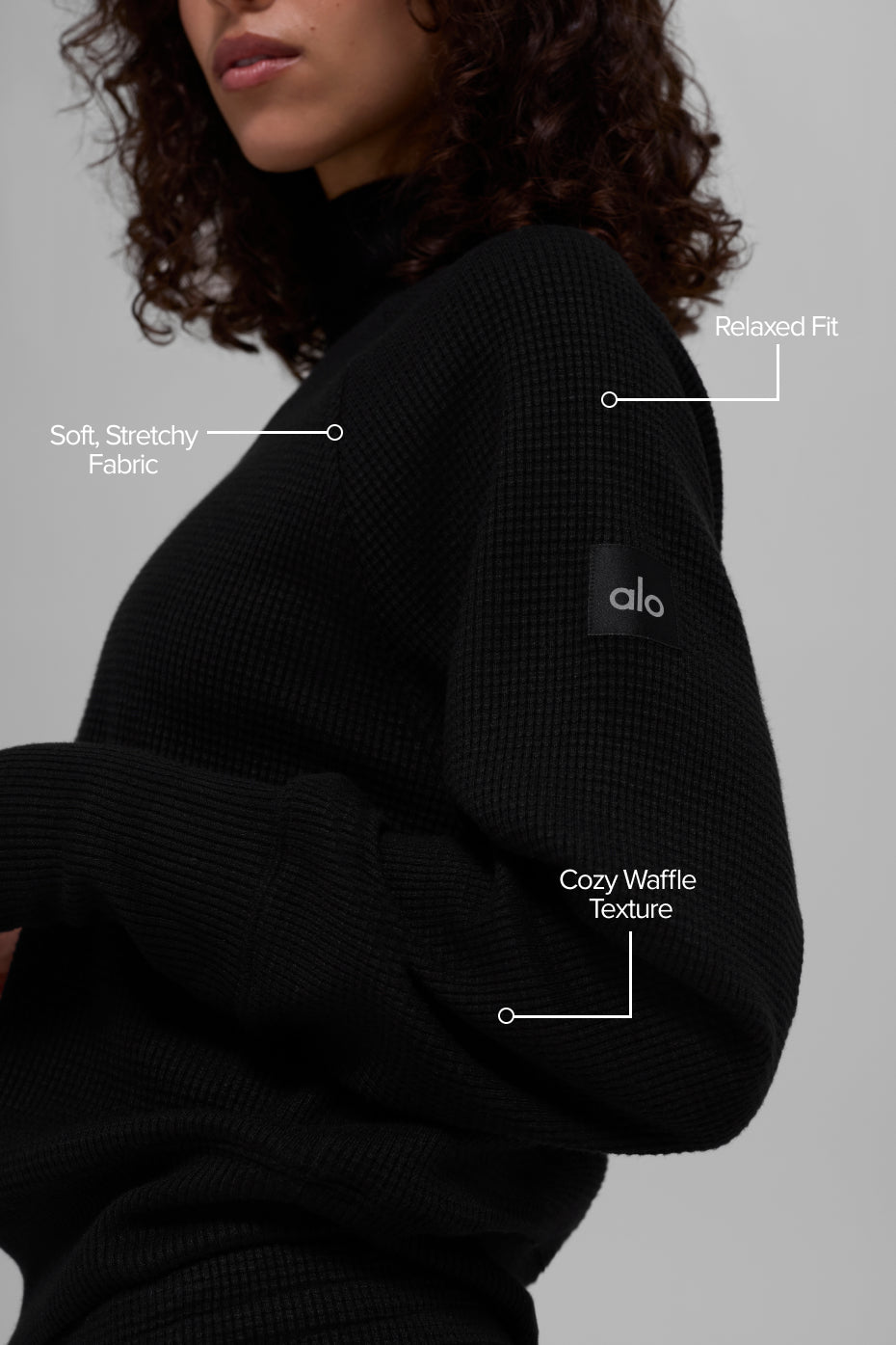alo Waffle Weekend Escape Mock Neck Long Sleeve - Black