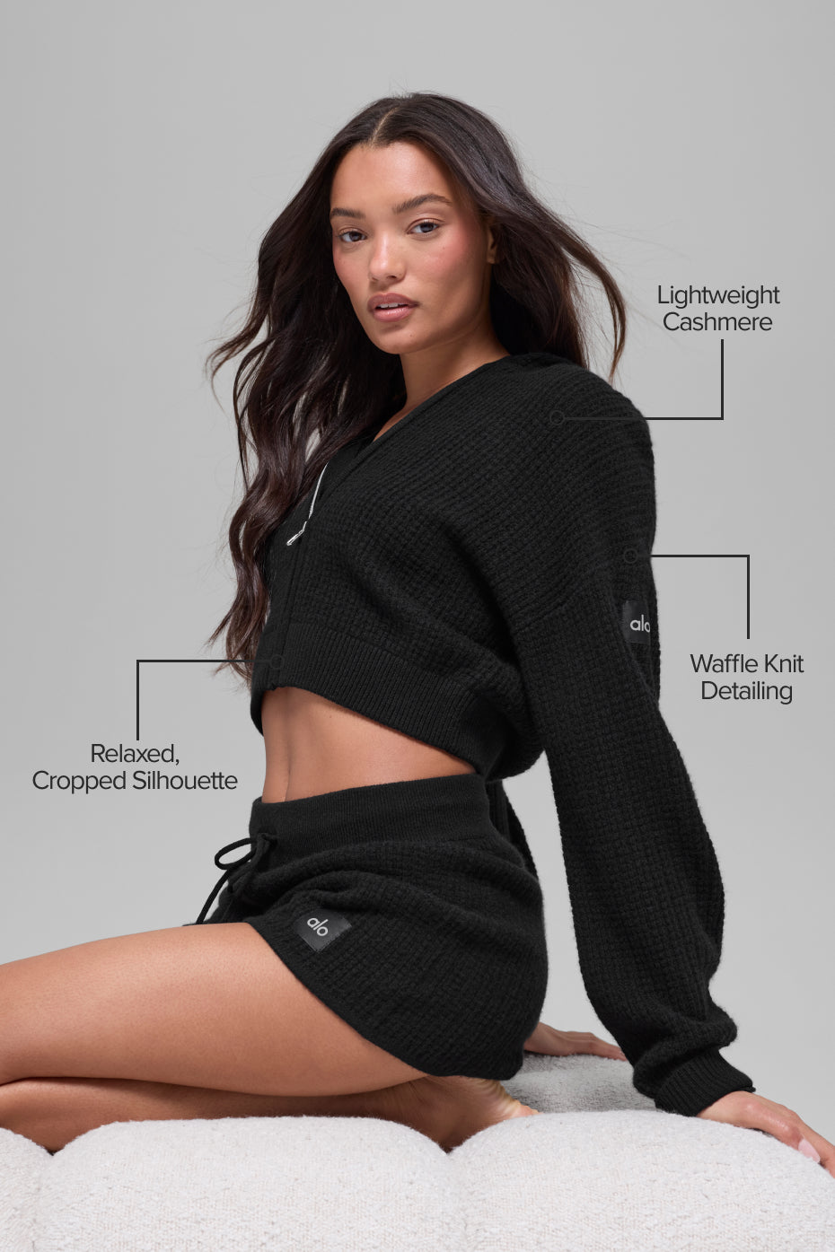 alo Cashmere Plush Waffle Full Zip Hoodie - Black