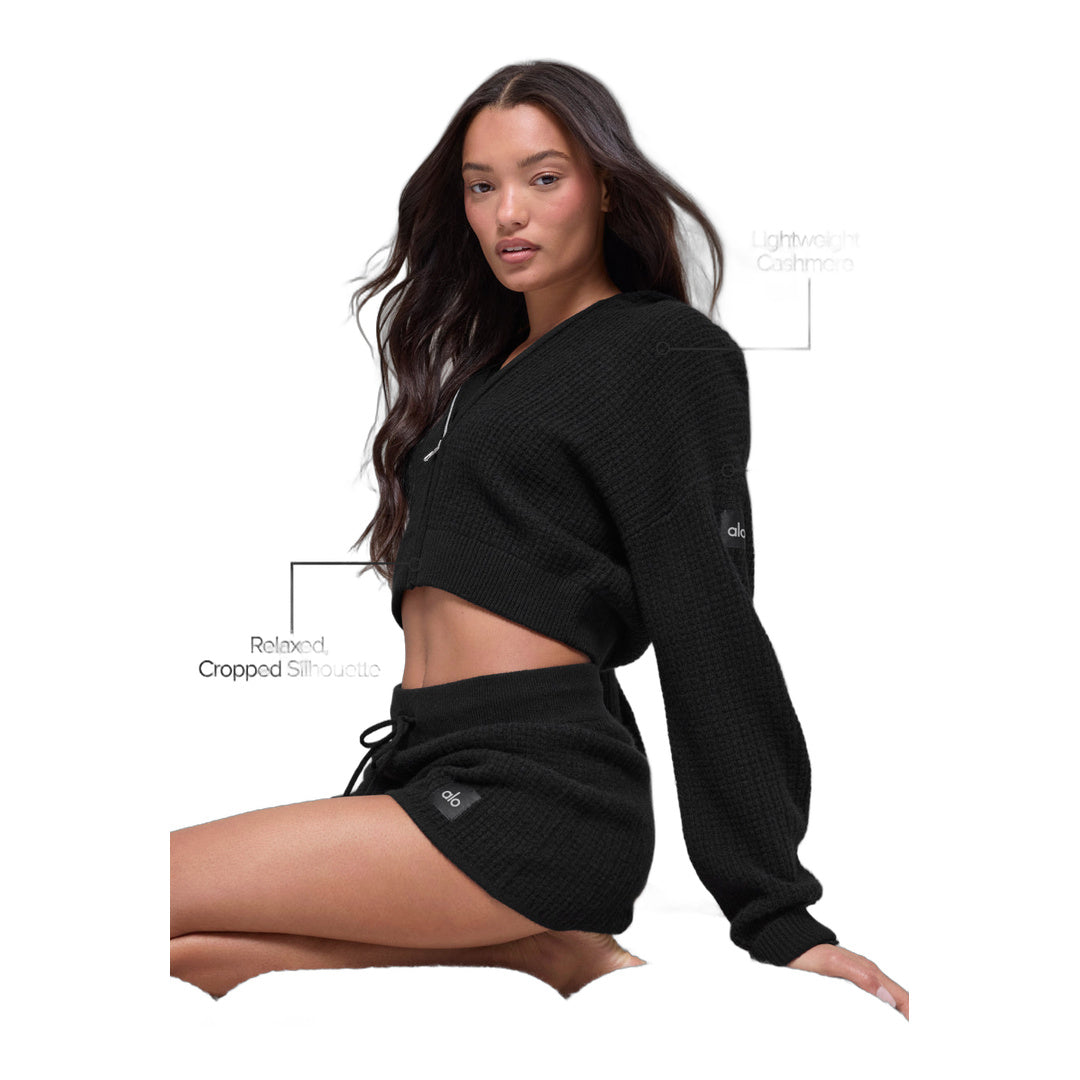 alo Cashmere Plush Waffle Full Zip Hoodie - Black