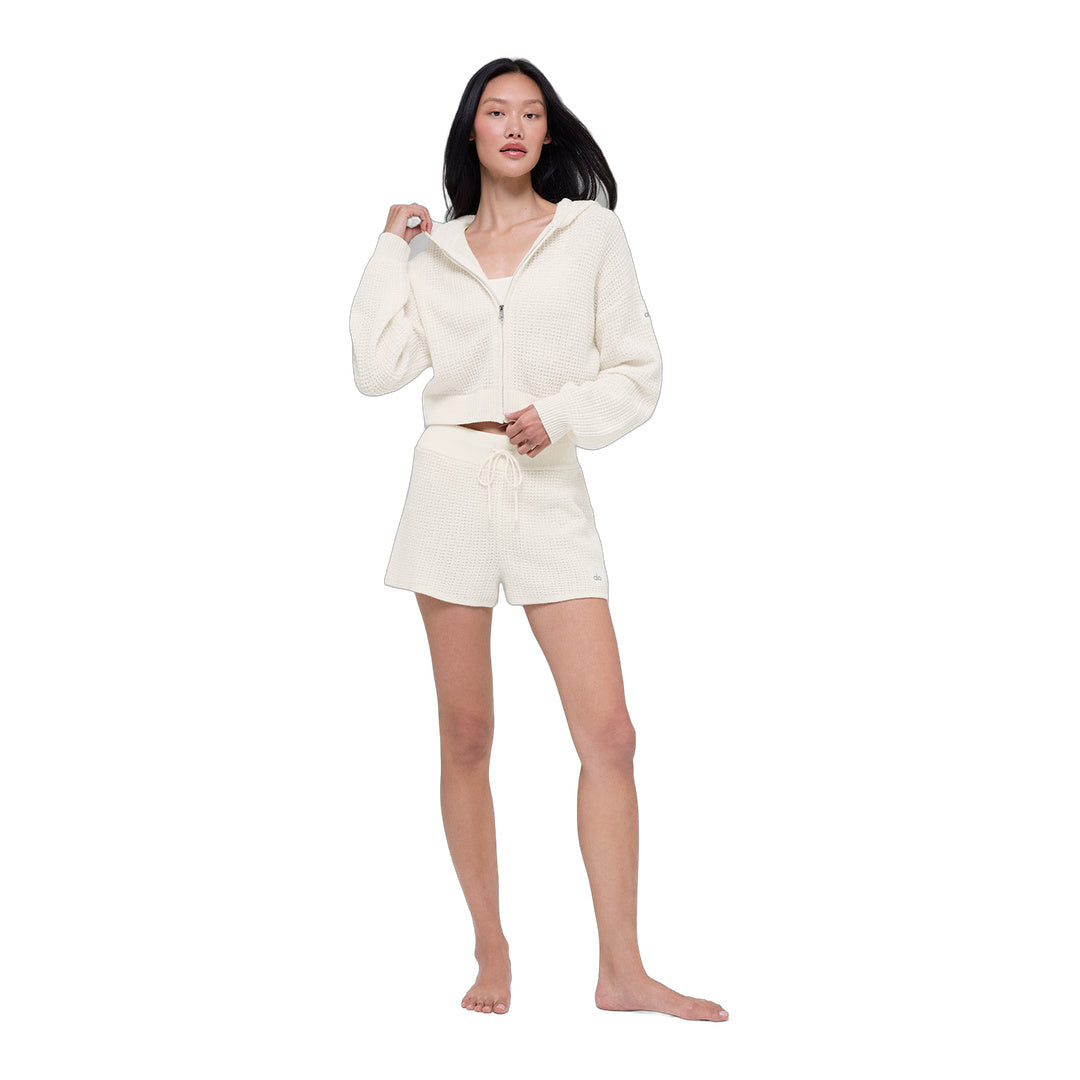 alo Cashmere Plush Waffle Full Zip Hoodie - Ivory