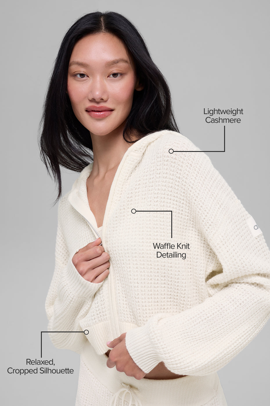 alo Cashmere Plush Waffle Full Zip Hoodie - Ivory