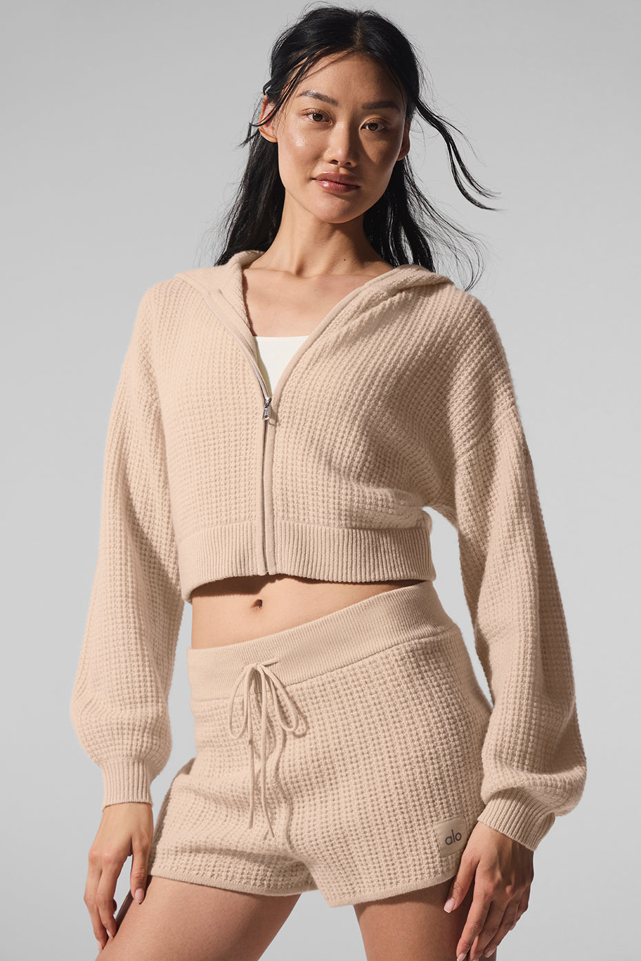 alo Cashmere Plush Waffle Full Zip Hoodie - Macadamia Blush